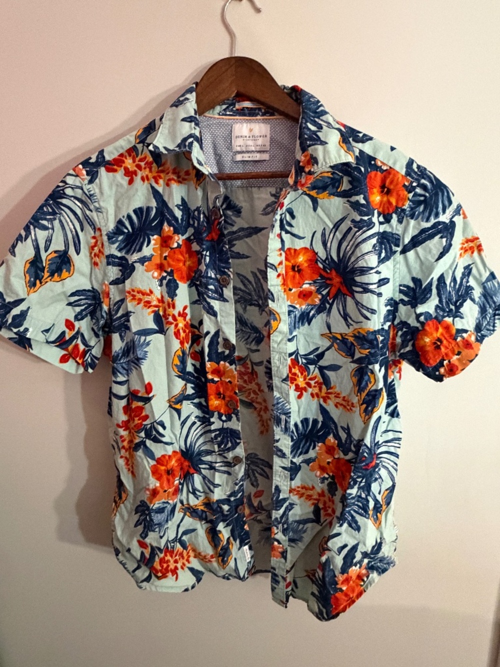 Denim & Flower Ricky Singh Mens Large Tropical Floral Hawaiian Shirt Blue Orange